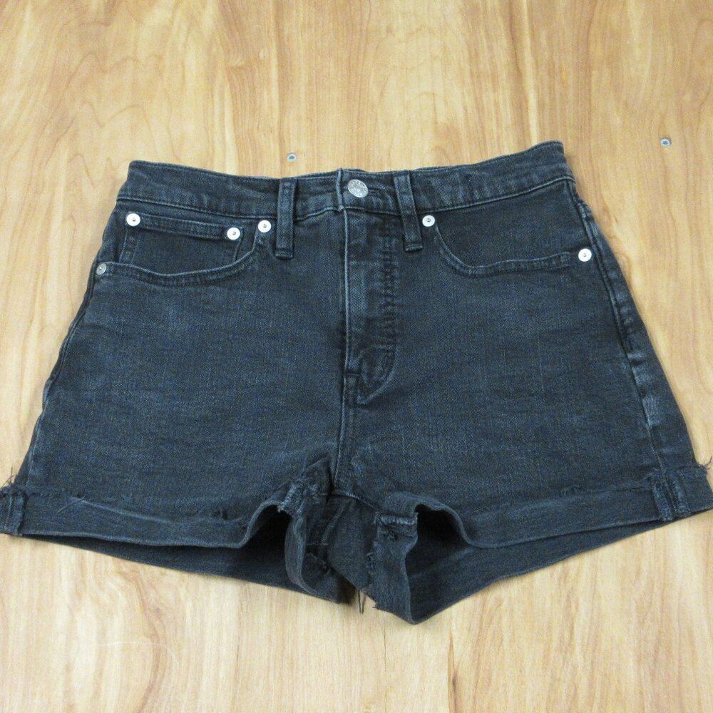 MADEWELL High Rise Denim Shorts Size 25‎ (27) Frayed Cuffed Hem Black Jean Jorts